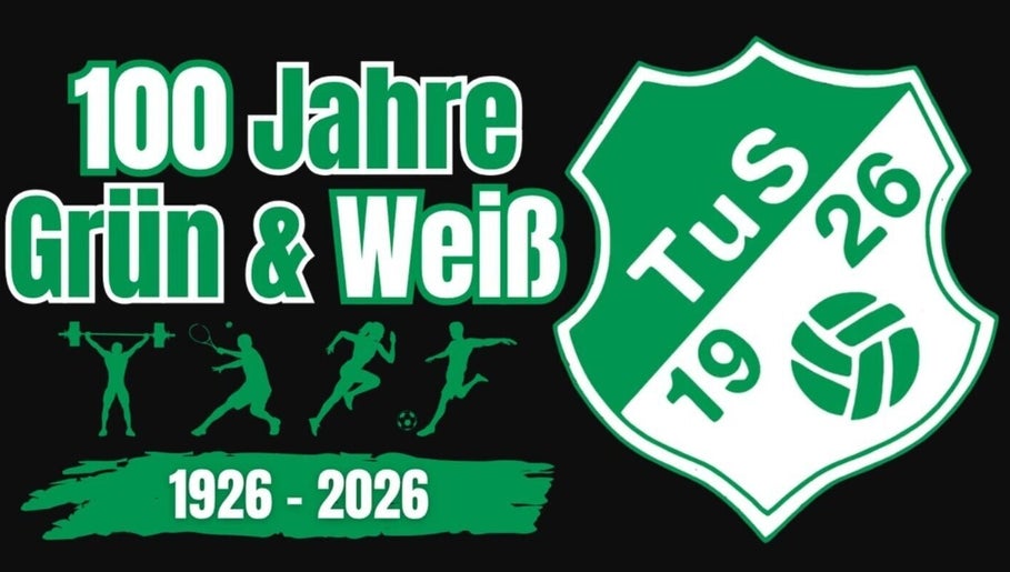 100 Jahre TuS GW Allagen Kraftraum in Warstein, Nordrhein-Westfalen, DE, 1926-2026 grafisch dargestellt.