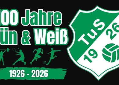 100 Jahre TuS GW Allagen Kraftraum in Warstein, Nordrhein-Westfalen, DE, 1926-2026 grafisch dargestellt.