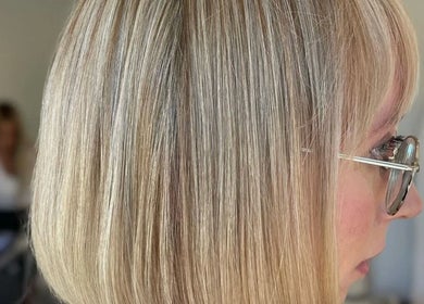 Close-up of a sleek blonde bob hairstyle at Chere Cherie, Christchurch, Canterbury Region, NZ.