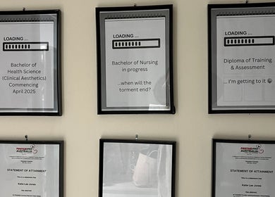 Wall diplomas and certificates at The Honest Beauty Collective, Guildford, New South Wales, AU, inspiring education.
