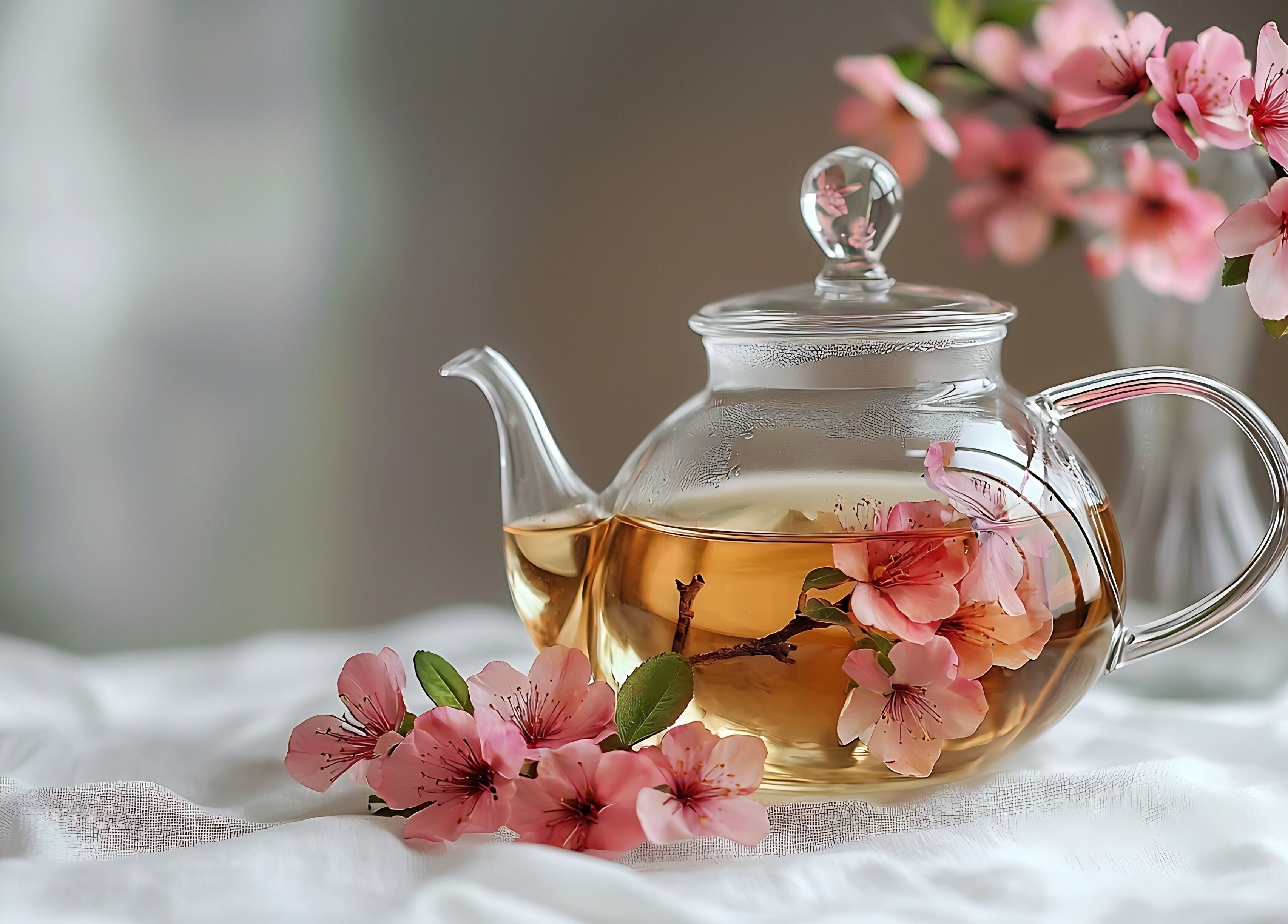 Glass teapot with floral tea at Head Heaven Spa, East Boldon, England, GB. Relaxation in a serene atmosphere.