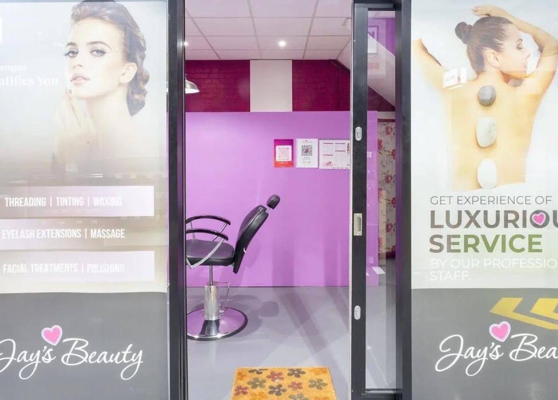 Entrance to Jay’s Beauty - Ladies Only in Hounslow, England, GB, showcasing luxurious spa treatment and styling services.