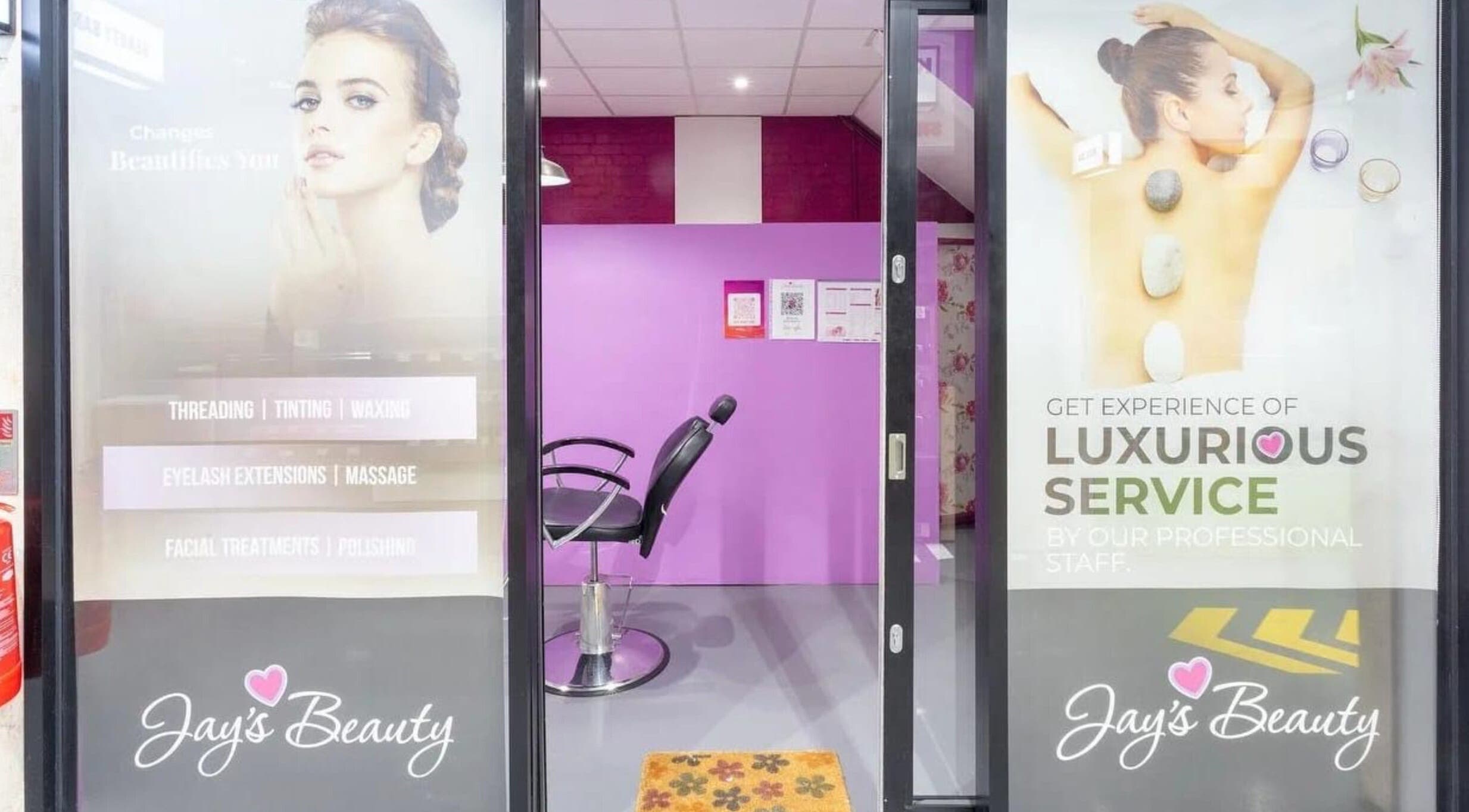 Entrance to Jay’s Beauty - Ladies Only in Hounslow, England, GB, showcasing luxurious spa treatment and styling services.