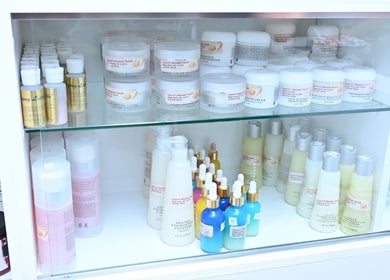 Skincare products on display at Laura's Beauty Touch, Rego Park, NY, US.