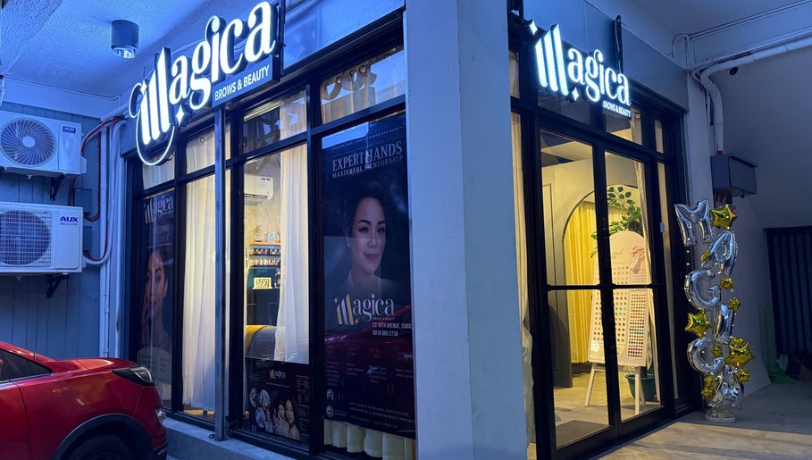 Entrance of Magica Brows and Beauty Cubao, Quezon City, Metro Manila, PH at night with illuminated signage.