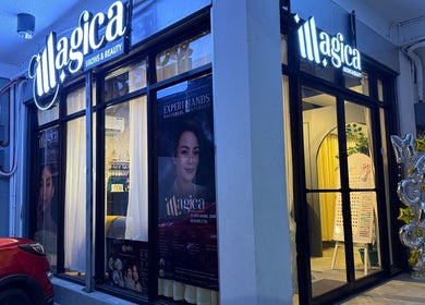 Entrance of Magica Brows and Beauty Cubao, Quezon City, Metro Manila, PH at night with illuminated signage.