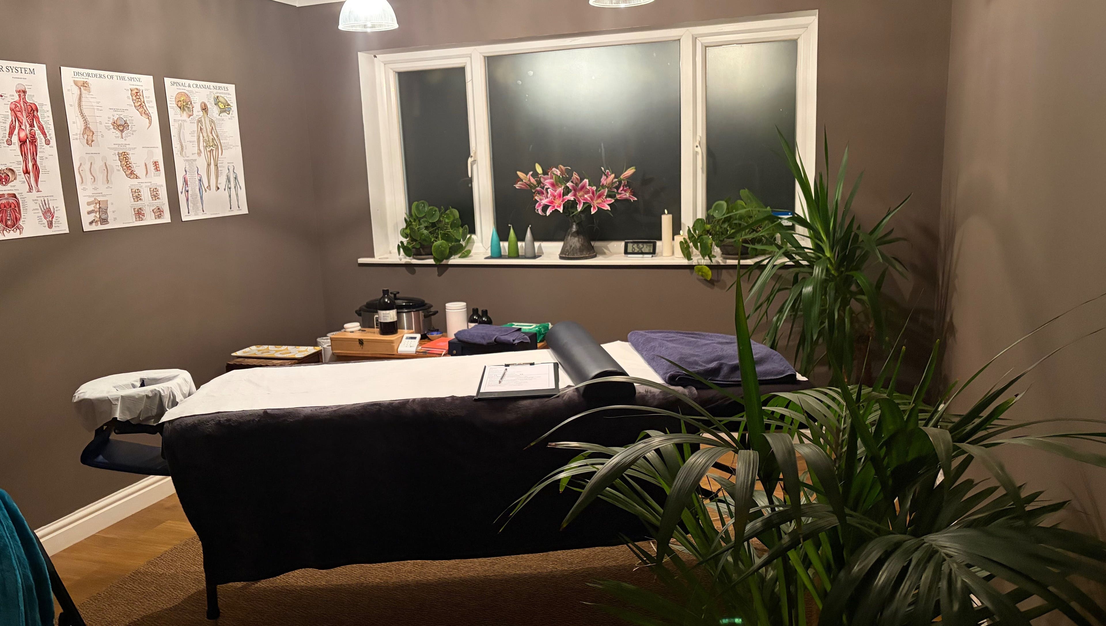 Phoebe’s Recovery Zone massage room in Goodrich, England, GB with a treatment bed and relaxing decor.