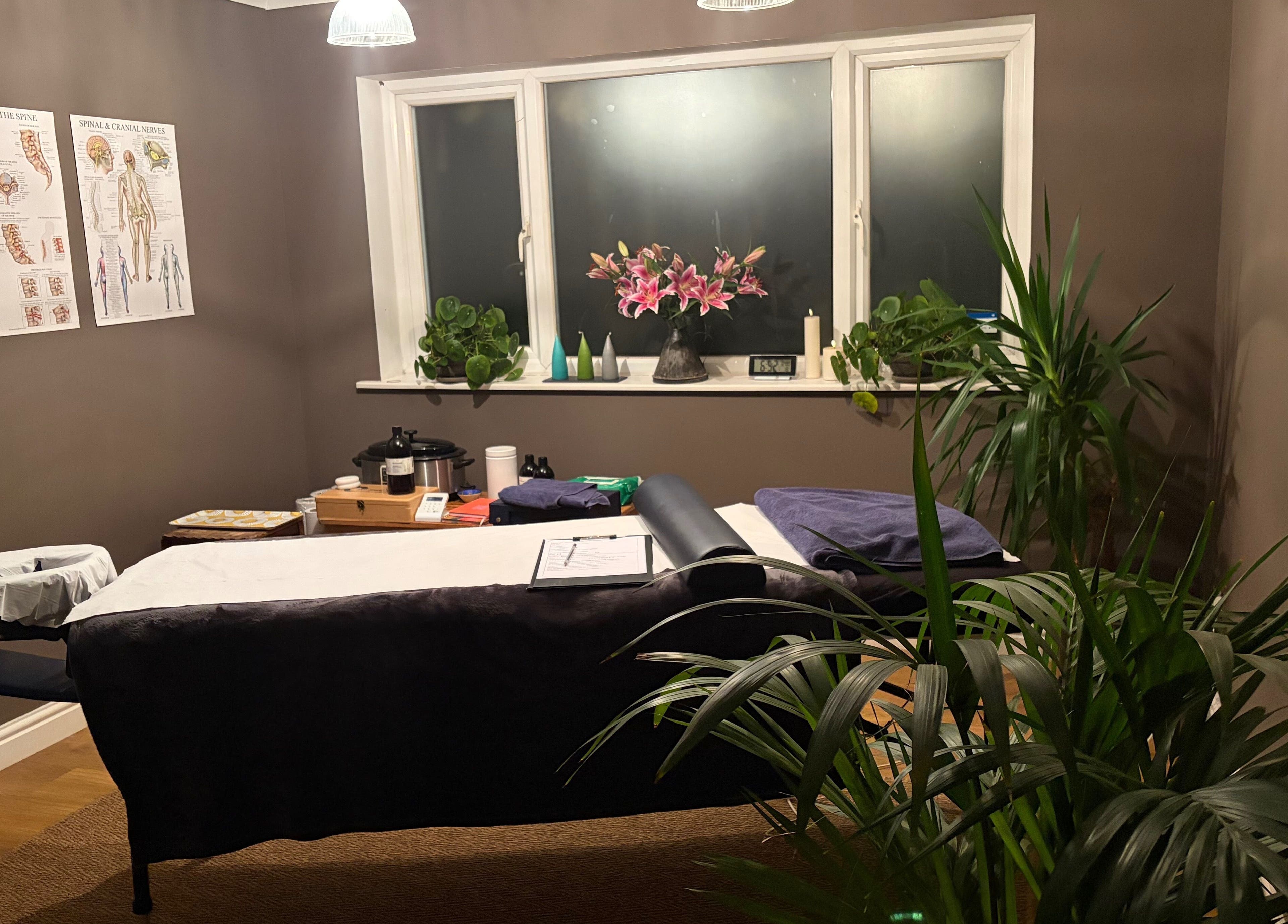 Phoebe’s Recovery Zone massage room in Goodrich, England, GB with a treatment bed and relaxing decor.