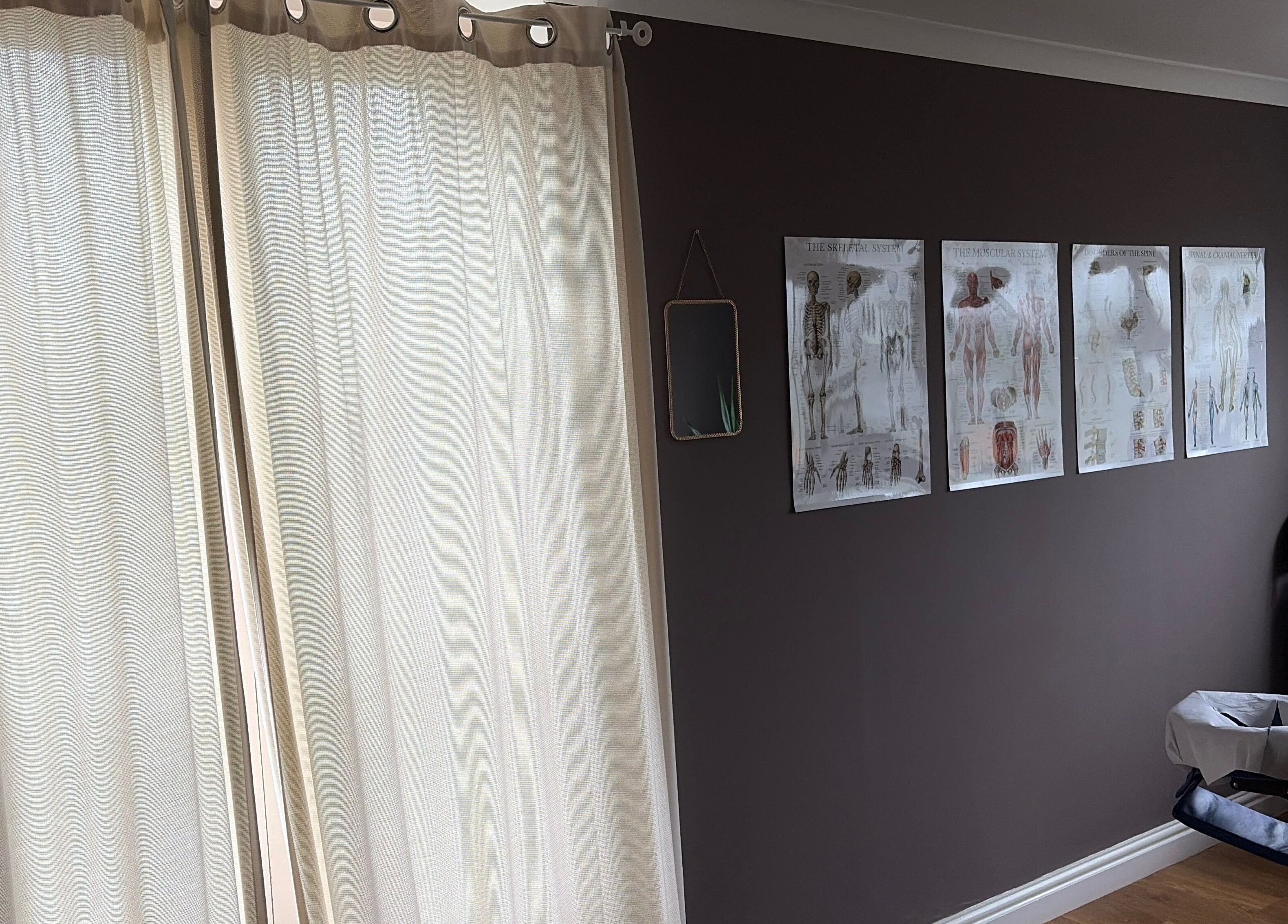 A serene therapy room at Phoebe’s Recovery Zone, Goodrich, England, GB with anatomical charts and soft lighting.