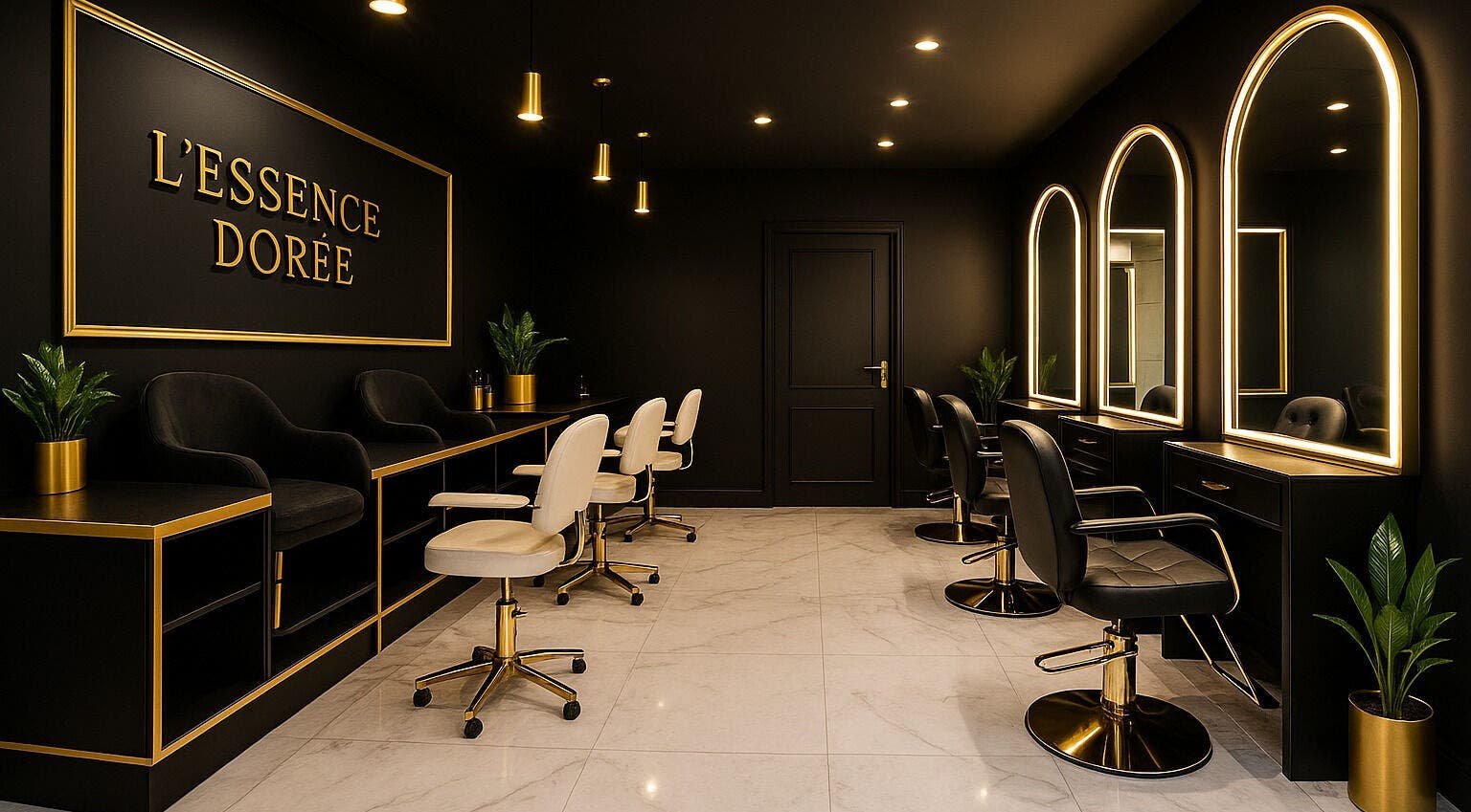 Salon chic et moderne à Aura d'or, La Roche-sur-yon, Pays De La Loire, FR avec sièges et miroirs élégants.