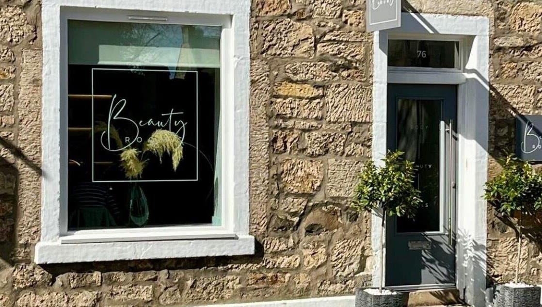 Exterior view of Radiance beauty venue with elegant signage, Aberdour, Scotland, GB.