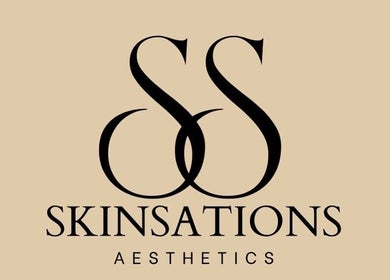 Logo of Skinsations Aesthetics in Redcar, England, GB with stylish typography on beige background.