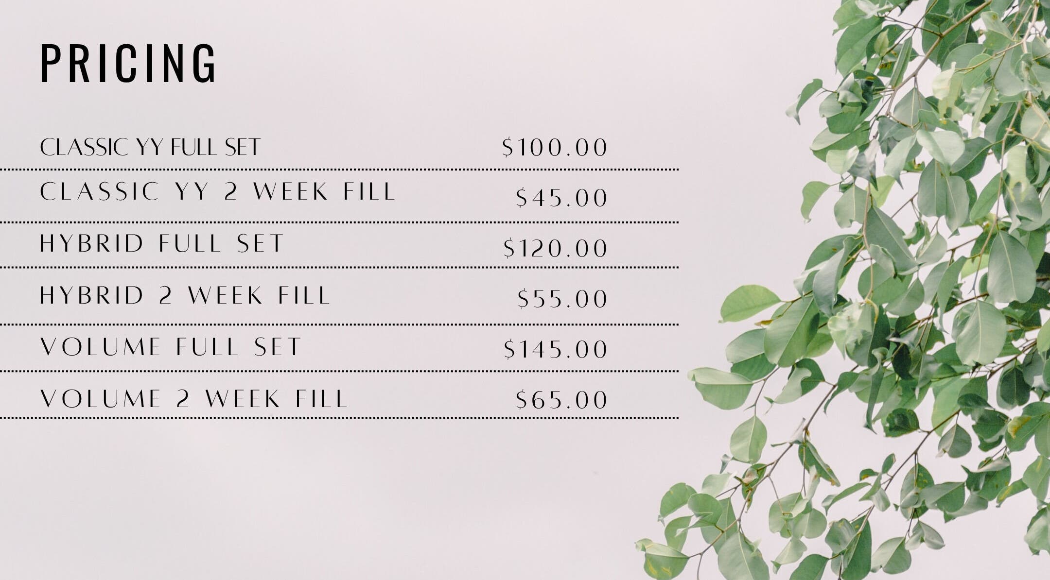 Pricing list for Lash Layne, Azle, Texas with greenery background detailing various eyelash services.