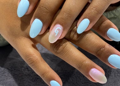 Aqua blue nails with art at Beauty Affair Studio, Cape Town, Western Cape, ZA.