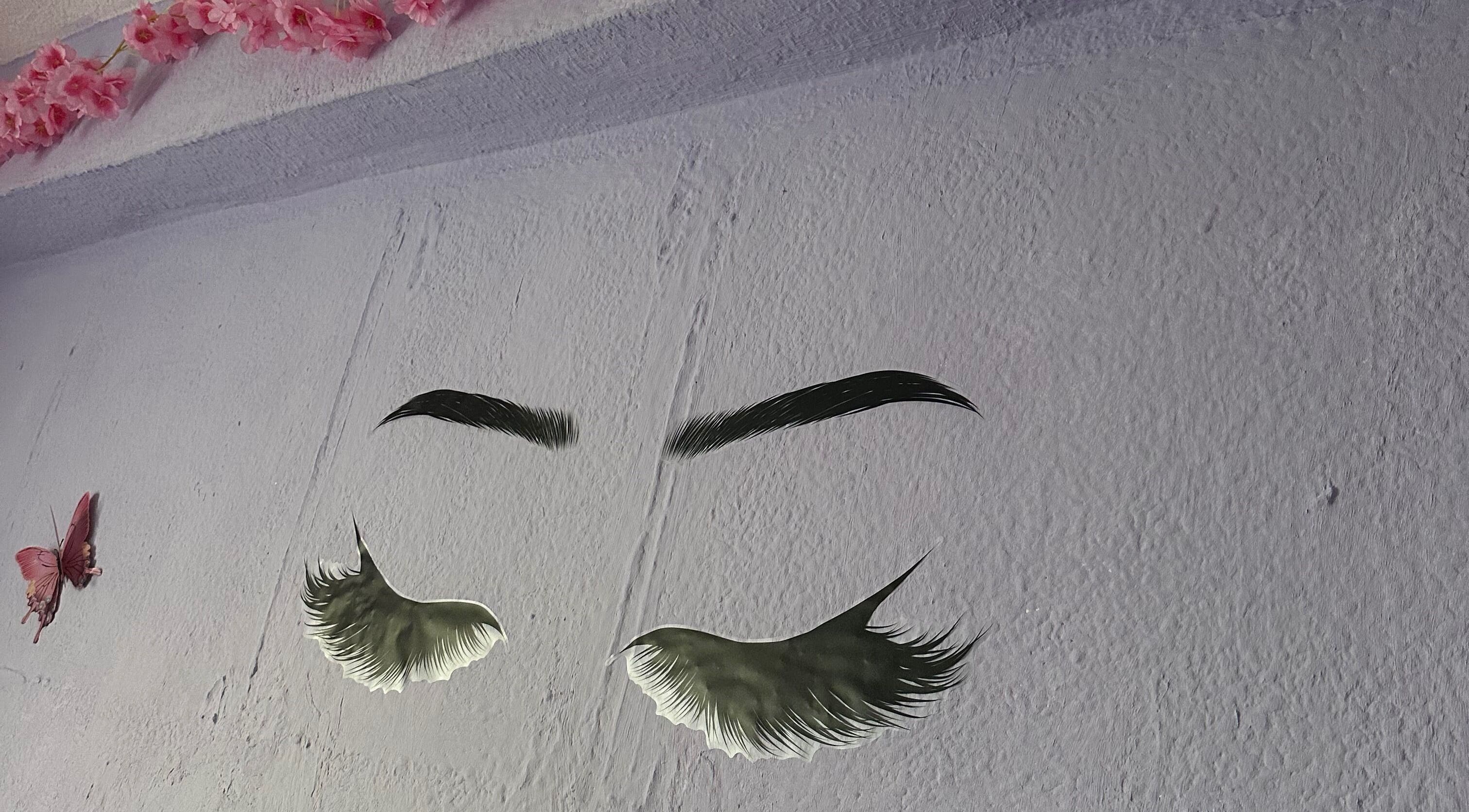 Arte de cejas y pestañas en la pared de Studio Obsessive Lashes, La Línea De La Concepción, Andalucía, ES.