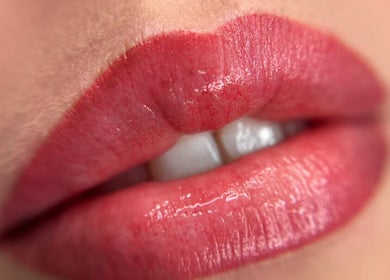 Close-up of enhanced lips at Velora Studio Massage & PMU, Portsmouth, England, GB.