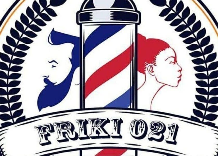 Logo of Frizerski Salon Friki 021 in Novi Sad, Vojvodina, RS featuring a barber pole with profiles.
