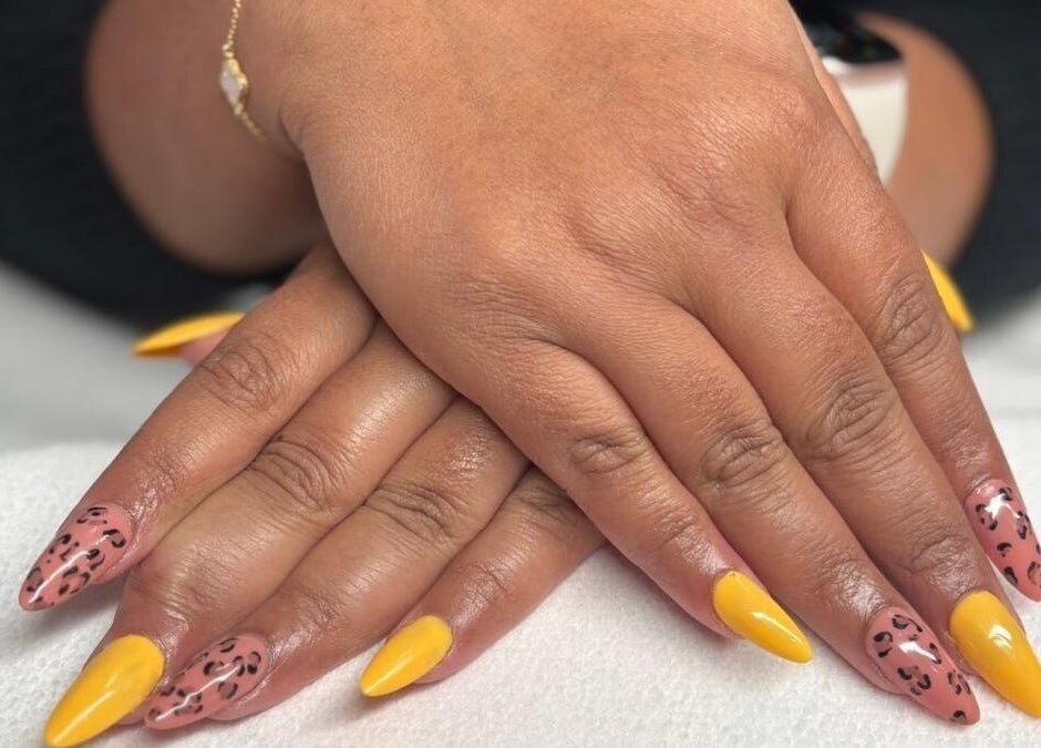 Stylish yellow and leopard print nails at Beckyy’s Glam Atelier, Modbury North, South Australia, AU.