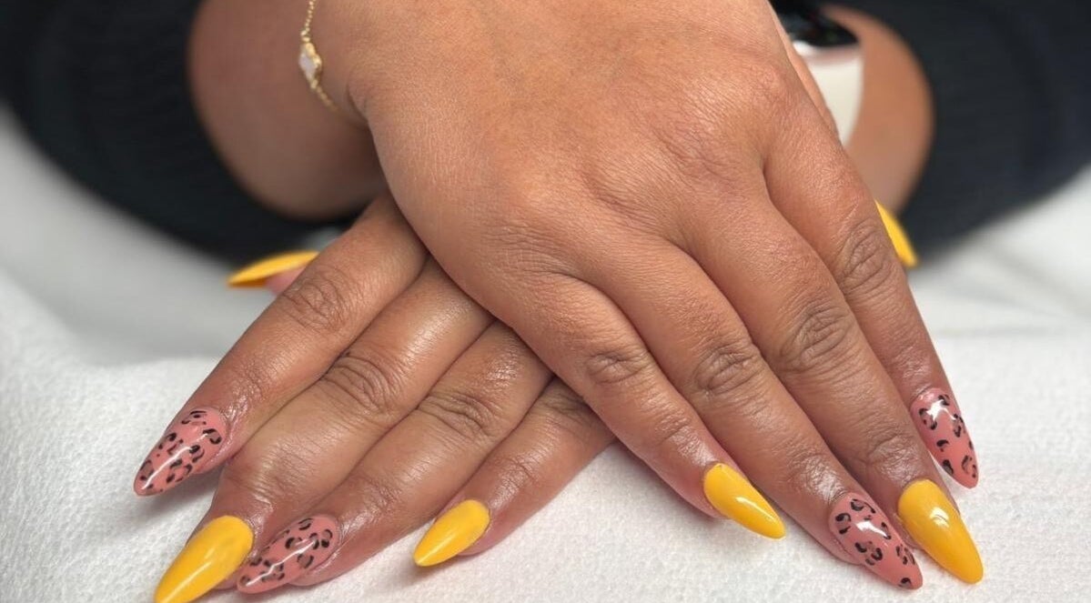 Stylish yellow and leopard print nails at Beckyy’s Glam Atelier, Modbury North, South Australia, AU.