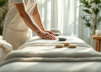 Relaxing massage setup with stones at Health Zone, Pawtucket, Rhode Island, US.