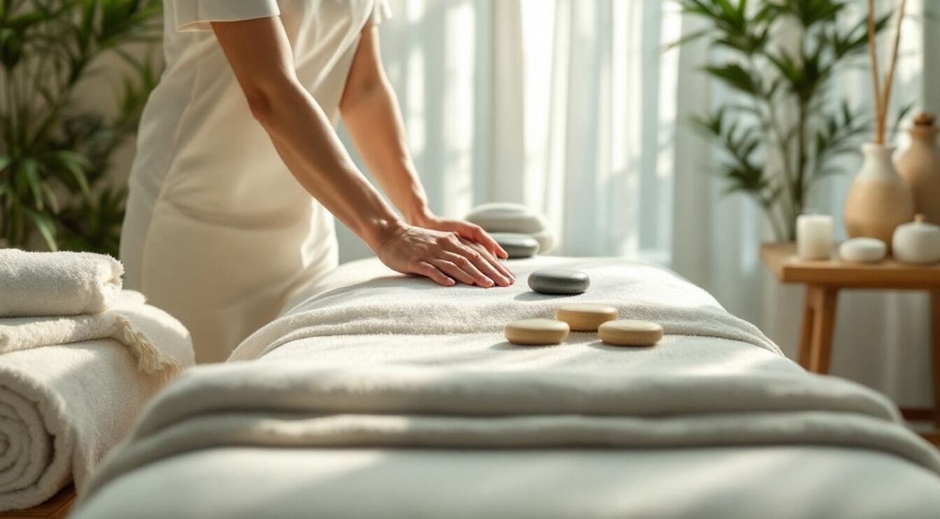 Relaxing massage setup with stones at Health Zone, Pawtucket, Rhode Island, US.