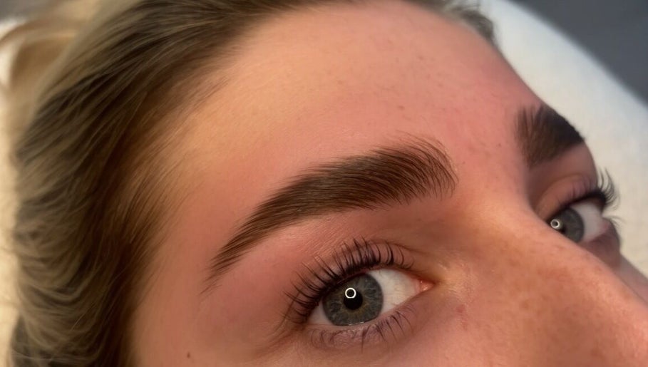 Close-up of expertly shaped eyebrows at Enhanced by Lily, Crewe, England, GB showcasing precision and style.