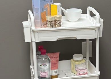 Skincare products at Yara skin care, Selkirk, Manitoba, CA. Vital serums and creams on a white shelf.