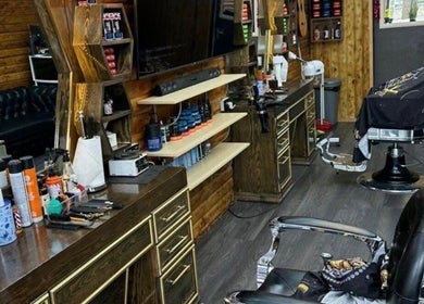 Interior of Mrking Barber Shop, South Shields, England, GB featuring vintage-style barber chairs and grooming products.