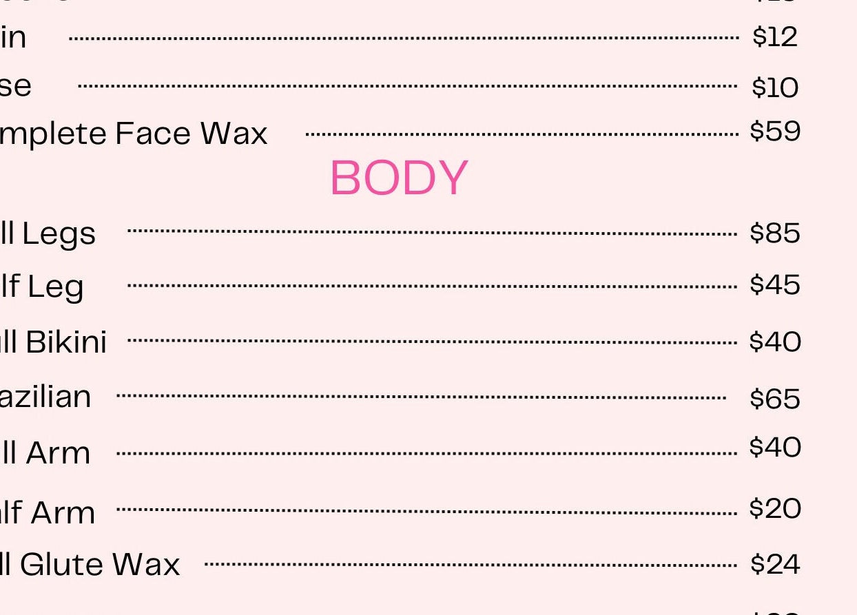 Waxing services menu at Aesthetics HQ With Brooke, Stuttgart, Baden-Württemberg, DE with prices for various treatments.