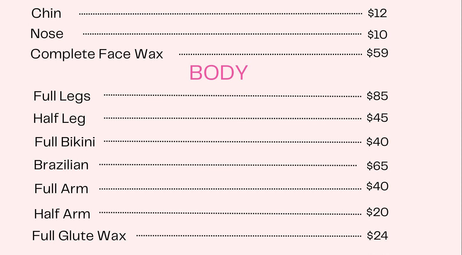 Waxing services menu at Aesthetics HQ With Brooke, Stuttgart, Baden-Württemberg, DE with prices for various treatments.