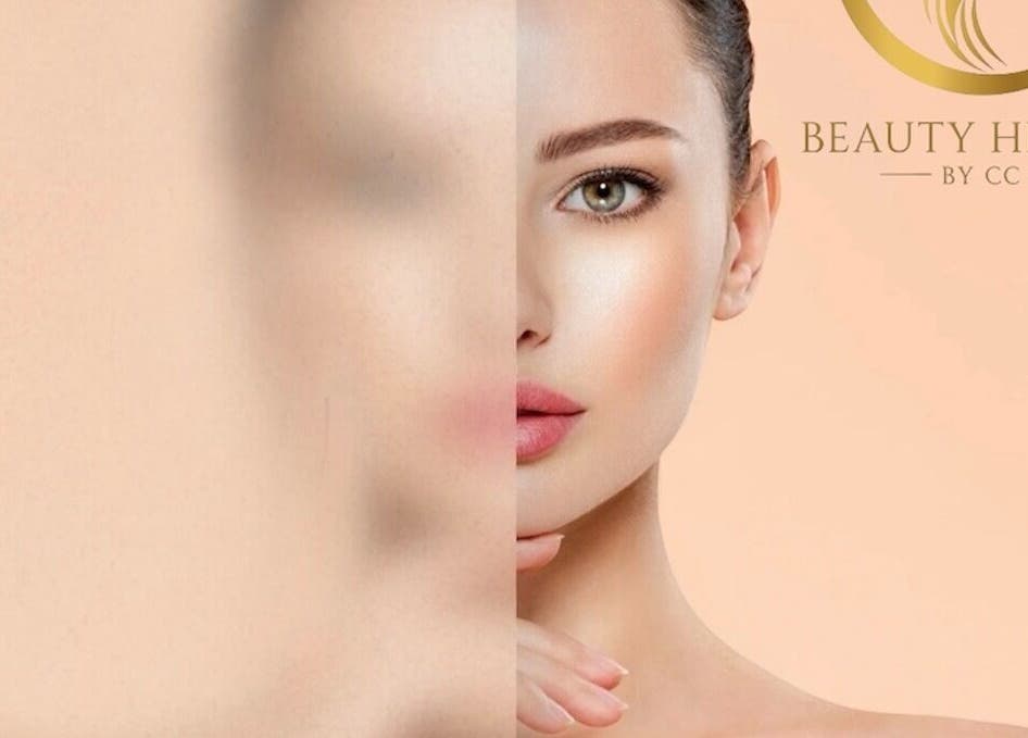 Beauty Heaven byCC logo with a flawless skin model in Farmers Branch, Texas, US.