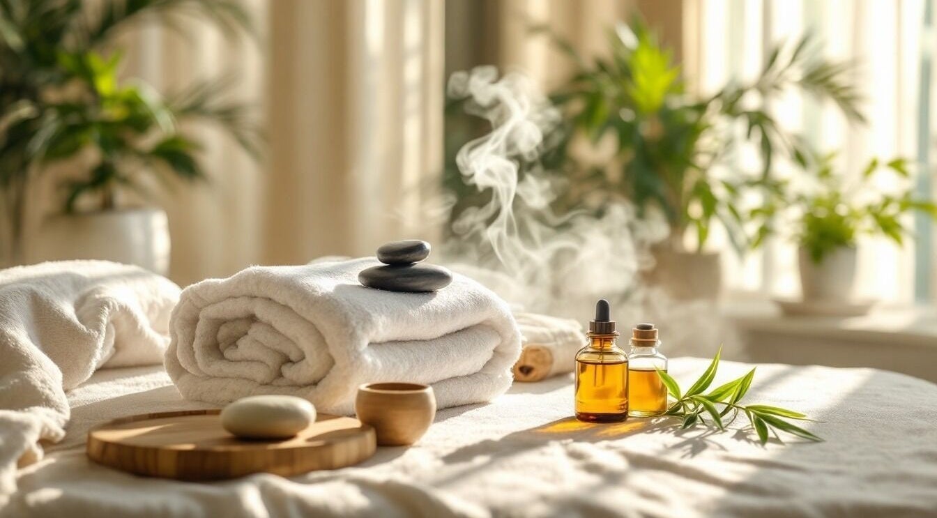 Relaxing spa setting with towels and oils at Oriental Wellness Massage, Vancouver, Washington, US.