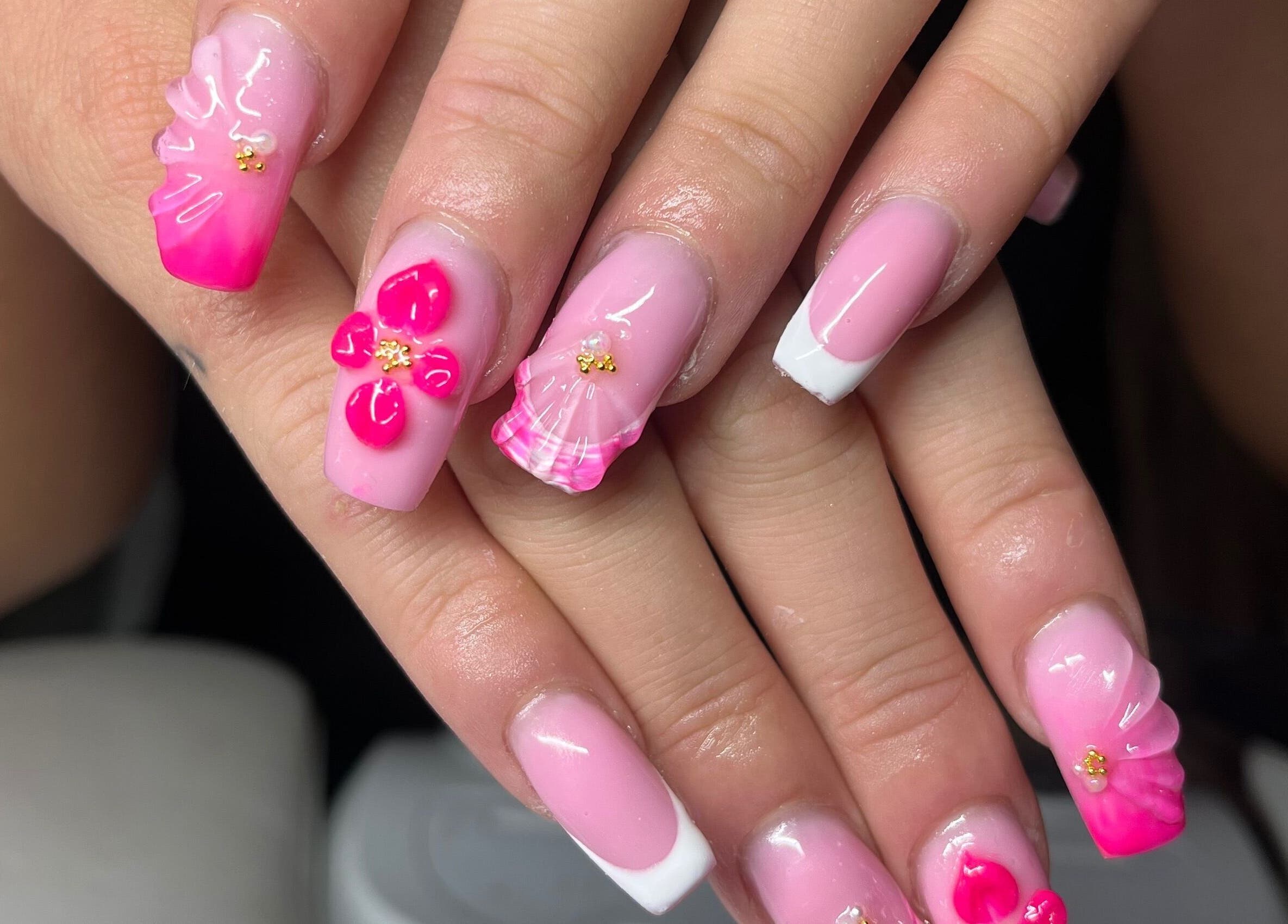 Elegant pink floral nail art at Nailssbybeccax, Ballina, County Mayo, IE.
