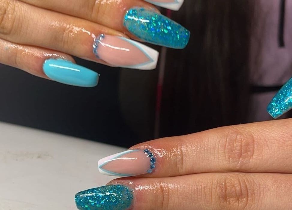 Aqua-themed nail art with glitter detail at Nailssbybeccax, Ballina, County Mayo, IE.