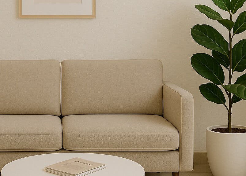 Затишний куточок в Olha Vasyliv Cosmetologist, Лондон, Англія, з диваном і рослиною.