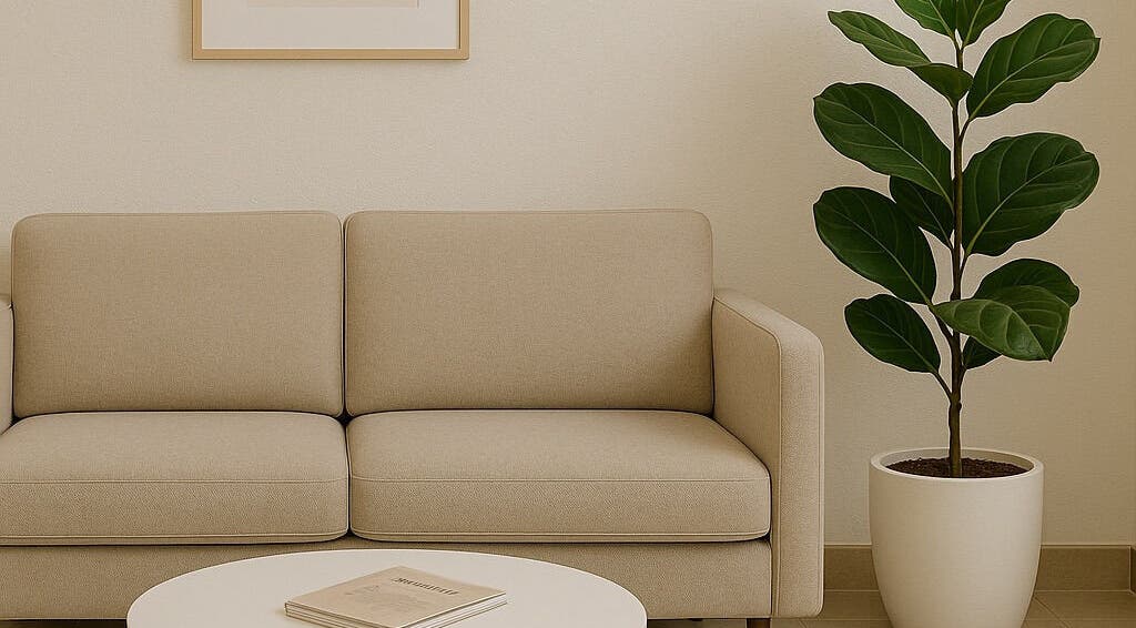 Затишний куточок в Olha Vasyliv Cosmetologist, Лондон, Англія, з диваном і рослиною.