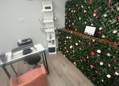 Nail treatment station with floral decor at Get Em Treatments, Aberdeen, Scotland, GB.
