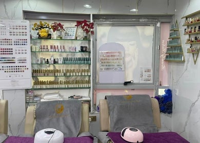 Premium nail care setup at Lady Star Beauty Salon L.L.C in Dubai, Dubai, AE, showcasing a wide range of polishes.