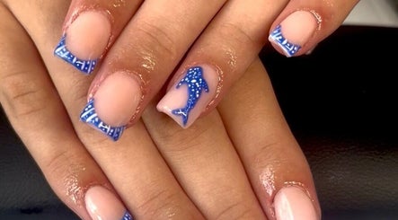 Intricate blue nautical nail art at Nailed it, Darlington, England, GB, showcasing creative manicure designs.