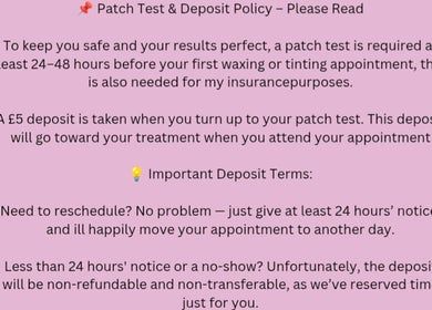 Go & Glow Waxing patch test and deposit policy in Mexborough, England, GB with booking and rescheduling details.