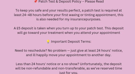 Go & Glow Waxing patch test and deposit policy in Mexborough, England, GB with booking and rescheduling details.