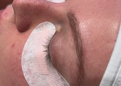 Close-up of a relaxed client receiving an eyelash treatment at Ashley’s Beauty Bar, Huntly, Scotland, GB.