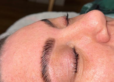 Freshly shaped eyebrows at Ashley’s Beauty Bar, Huntly, Scotland, GB. Close-up view of professional brow styling.