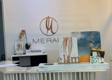 Reception at Meraki Lesotho Spa, Maseru, showcasing luxury beauty products and brochures.