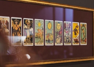 Framed tarot cards at Lune Noire, Ir-rabat Għawdex, MT, offering a mystical vibe.