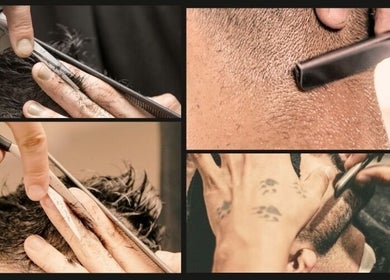 Men's haircut and shave at ABDI LEVIN FRISØR, Bryne, Rogaland, NO. Expert barber using scissors and razor.