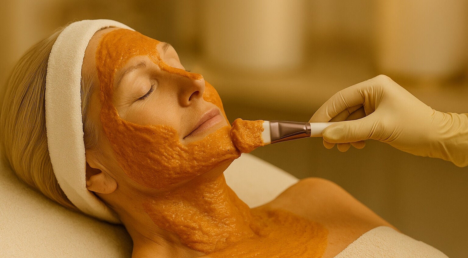 Woman enjoys facial mask at D&K Medical Esthetics, Grimsby, Ontario, CA for rejuvenation.