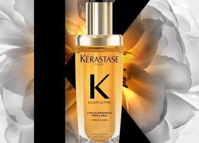 Kerastase Elixir Ultime at Andreanne Landry Rivest, Gatineau, Québec, CA with floral background.