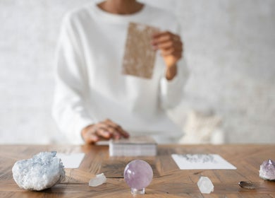 Crystals and cards at SMENA Healing Studio in Melbourne, Victoria, AU for holistic therapy.