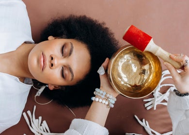 Relaxing sound healing session at SMENA Healing Studio, Melbourne, Victoria, AU featuring a singing bowl.